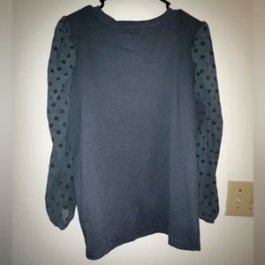 Super cute, teal blouse w sheer and velvet polka dot accented sleeves